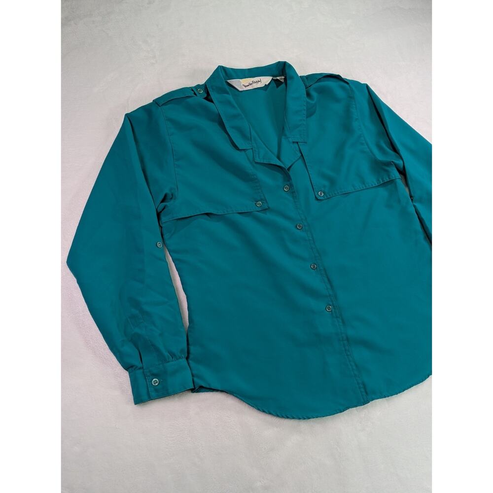 Dianne Von Furstenberg Size 12 Teal Green Safari Style Button Up Blouse VTG 80's - Picture 5 of 16